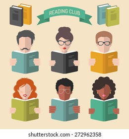 Vector Set Of Different People Reading Books App Icons In Trendy Flat Style