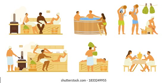 Vector Set Of Different People In Sauna Or Banya Taking Steam Bath, Washing, Drenching With Water, Drinking Tea From Samovar. Healthy Activity. Flat Illustration.