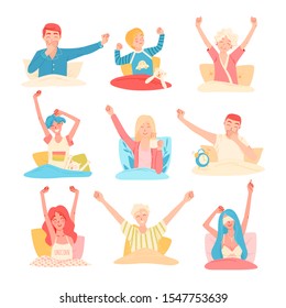 Vector Set of different people wake up in the morning in their bed, happy faces. The beginning of a good day, awakening after sleep, morning rituals before a working day, school, household chores.