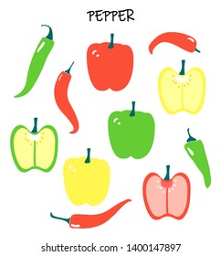 Vector set with different peppers - chilli and capsicum, bell pepper. Yellow, greem and red vegetables. 