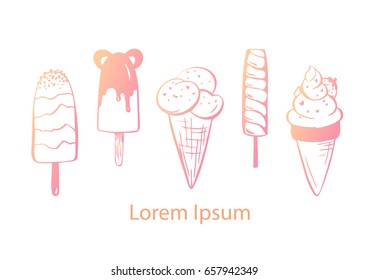 Vector set of different pink ice cream on white. Summer dessert vector illustration isolated