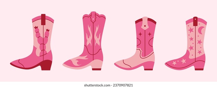 Vector set of different pink retro cowgirl boots. Wild west and Texas concept. Cowboy fashion boots. Vintage western collection. Girl power.