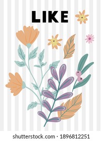 Vector Set of different plants isolated on white. Flowers and leaves collection for creating branding projects, logos, handmade craft items, web pages, magazine illustrations, notebook and book covers