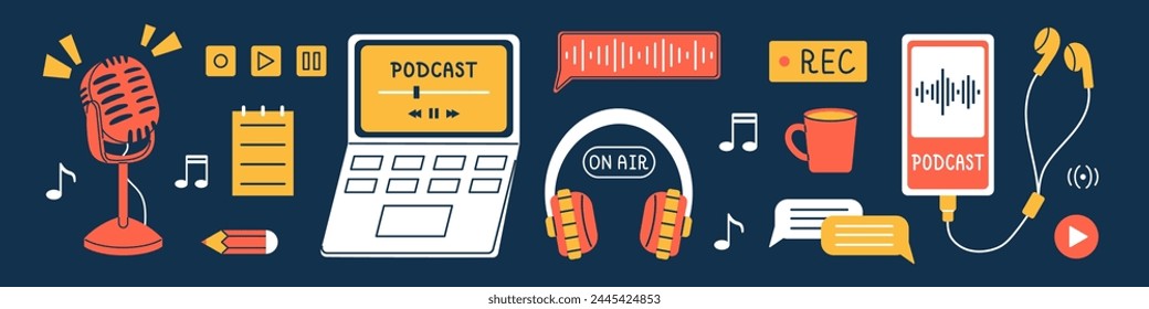 Vector set of different podcast elements. Collection of earphones, microphone, headphones, laptop, phone and other technology for broadcast. Podcast recording and listening, broadcasting, radio.