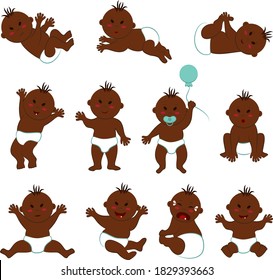 Vector set of different poses and facial expressions of a dark-skinned baby boy with black eyes. Cheerful, funny, crying, sad, surprised, calm, etc. naked Eurasian toddler in diapers
