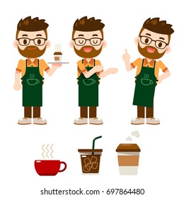 Vector set of different poses of male barista character with some cup of coffees isolated on white background.