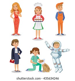 Vector Set of different professions. Kids profession in cartoon style. Businesswoman, baker, astronaut, actress, vet, worker