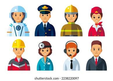 Vector set of different professions man and woman. Men and women cartoon characters in uniform isolated. Occupations avatars, icons flat illustration.