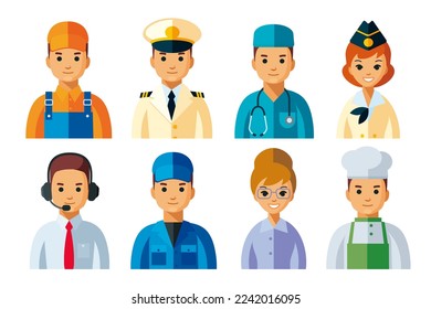 Vector set of different professions man and woman. Occupations avatars, icons flat illustration. Men and women cartoon characters in uniform isolated.