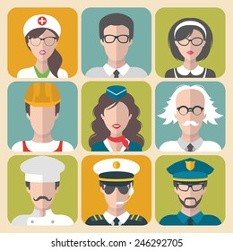 Vector set of different professions man and woman icons in trendy flat style