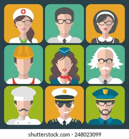 Vector set of different professions man and woman icons in trendy flat style