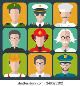 Vector set of different professions man icons in trendy flat style