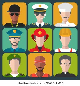 Vector set of different professions man icons in trendy flat style