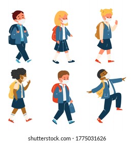 Vector Set Of Different Race Pupils In Uniform With School Bags In Protective Masks Walking. Back To School During Coronavirus Pandemic. Flat Illustration.