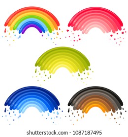 Vector set of different rainbows. Pretty bright multicolored rainbows of grass water, love, Halloween. Cute postcard. Cartoon summer illustration.