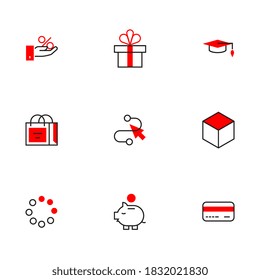 Vector set of different red business icon with present and piggy bank on white background