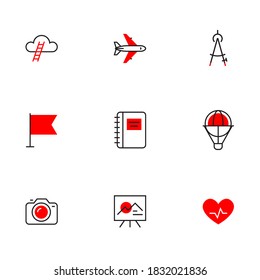 Vector set of different red business icon with air plane and camera on white background