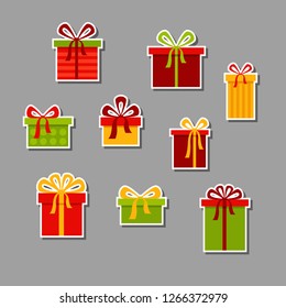 Vector set of different red, green and yellow presents. Collection of bright cartoon gifts on a gray background in christmas colors. Holiday stickers with boxes, bows, stripes and spots. 
