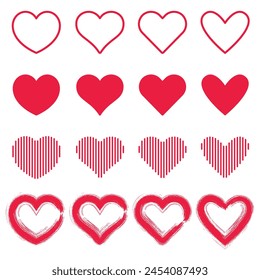 Vector set of different red hearts, Hearts set. Hand-drawn hearts Set Icon Design Symbol Template Flat Style Vector