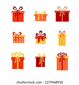 Vector set of different red, pink and yellow presents. Collection of bright cartoon gifts. Holiday boxes with bows, stripes and spots. Surprise for your love for the Saint valentine's Day