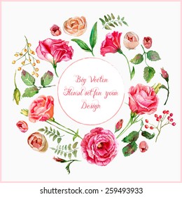Vector set of different red, pink flowers for design. Watercolor roses, leaves. Floral elements to create compositions. 