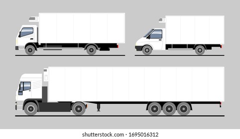 Vector set of different refrigerated trucks, side semi-trailer, side view. White blank truck template for advertising. Freight transportation, delivery of goods. Isolated on grey background