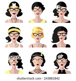 Vector set of different retro flapper girls in different shapes vintage glasses in trendy flat style