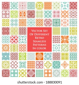 Vector set of different retro seamless patterns in color