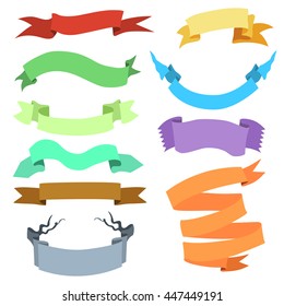 Vector Set of  Different Ribbons for Your Text.  Multicolor Ribbons. Red, Yellow, Green, Blue, Light Green, Purple, Turquoise, Brown, Gray, Orange Ribbons.