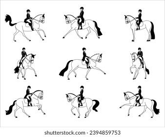 Vector monta diferentes conductores en ilustraciones de caballos Isolación