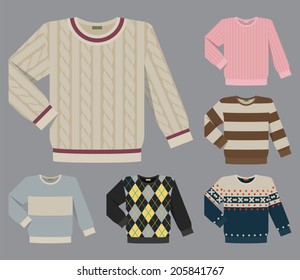 Vector Set Of Different Round Neck Wool And Cotton Sweaters For Men