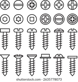 Vector set of different screw and bolt shapes for technical and industrial use
