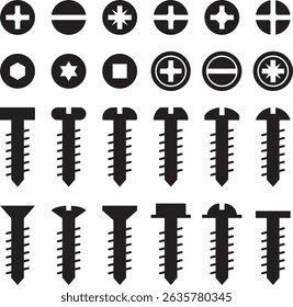 Vector set of different screw and bolt shapes for technical and industrial use