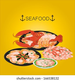 Vector Set Of Different Sea Food In Dishes 