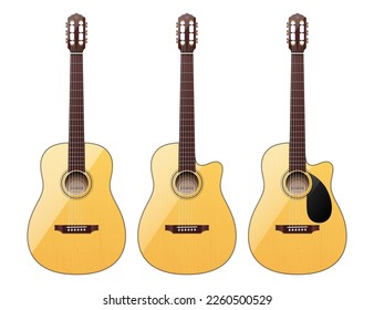 Vector set of different shape realistic classical acoustic guitars, isolated on a white background.