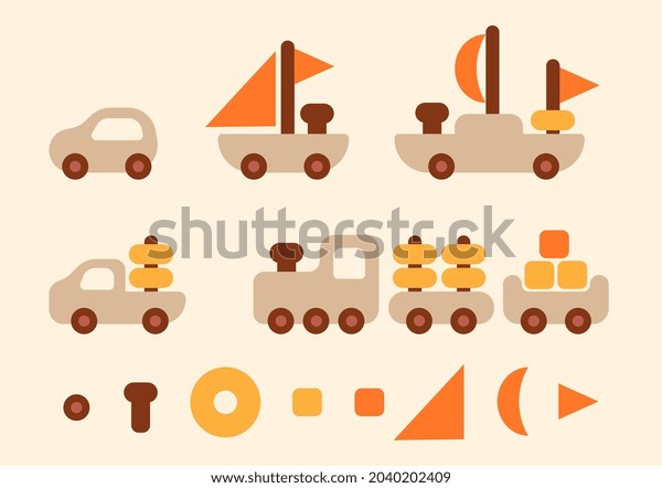 Vector Set of\
Different Shape Toy on Color Background. Flat Style Design of Kid\
Wooden Car, Ship, Train and\
Elements