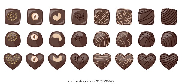 Vector set of different shaped dark chocolate sweets decorated with nuts and cream isolated on white background.
