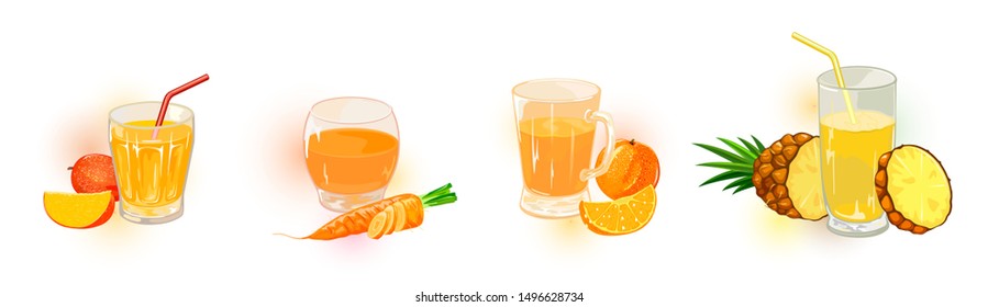 Vector set with different shapes glassware of orange, carrot, mango, pineapple juices, nectars, syrups. Yellow and orange fruit, vegetable drinks giving summer, joyful, sunny emotions. Cartoon.