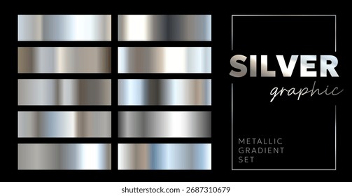 Vector set of different shine textured gradation swatch with text in frame. 3d realistic style design of shiny silver metallic gradient pattern. Background collection. Gray metal effect illustration