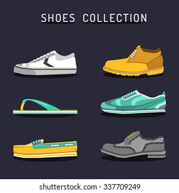 Vector set of different shoes icons in flat style. Footwear logos collection. Boot, ked, sneacker, oxford, sleepper, topsider illustrations. 