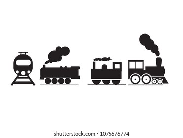 Vector set of different silhouette train illustrations or symbols. All vector objects are isolated. 