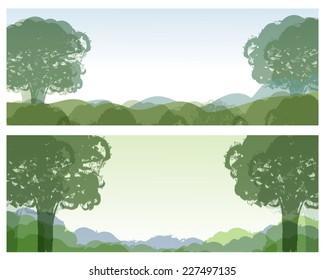 Vector set of different Silhouettes Trees of Landscape. Day and Night nature for your design. Eco Tree Grunge Natural Vector Concept on Distressed Background. Vector 10 EPS.