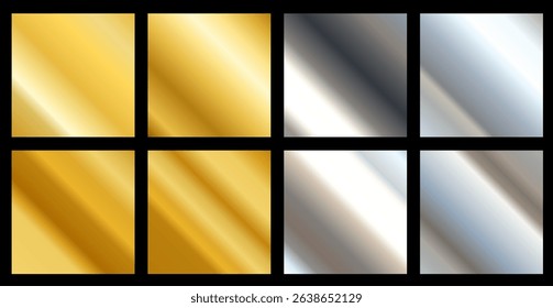 Vector set of different silver and golden foil metallic texture gradation for border, ribbon, frame. Background set. 3d realistic style design of steel and yellow gold shiny gradient illustration