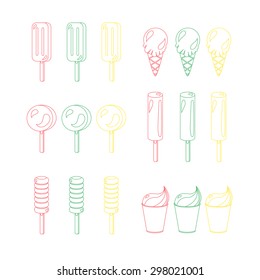 Vector set of different and simple ice-creams with lines