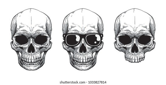 Vector Set of different skull charactres. Monochrome style. Isolated on white background.