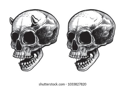 Vector Set of different skull charactres. Monochrome style. Isolated on white background.