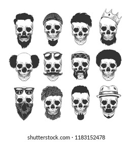Vector set of different skull skeleton characters with modern haircut beard and mustache in crown, hat, sunglasses and bandana in monochrome tattoo style isolated on white background