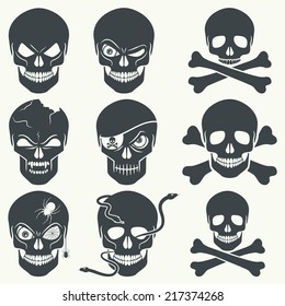 Vector set of different skulls. Black silhouette on a white background, isolated, EPS 8.