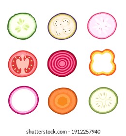 Vector set of different slices of vegetables. Vector illustration of vegetables in a cut. Collection of decorative food items.