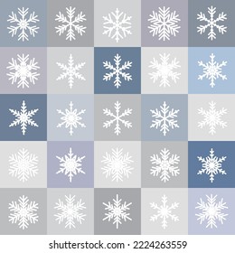 Vector set of different snowflakes. Christmas abstract background. Seamless winter pattern.